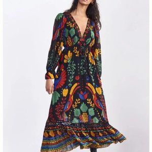 Anthropologie Farm Rio Georgette Black Tropical Sheer Maxi Dress